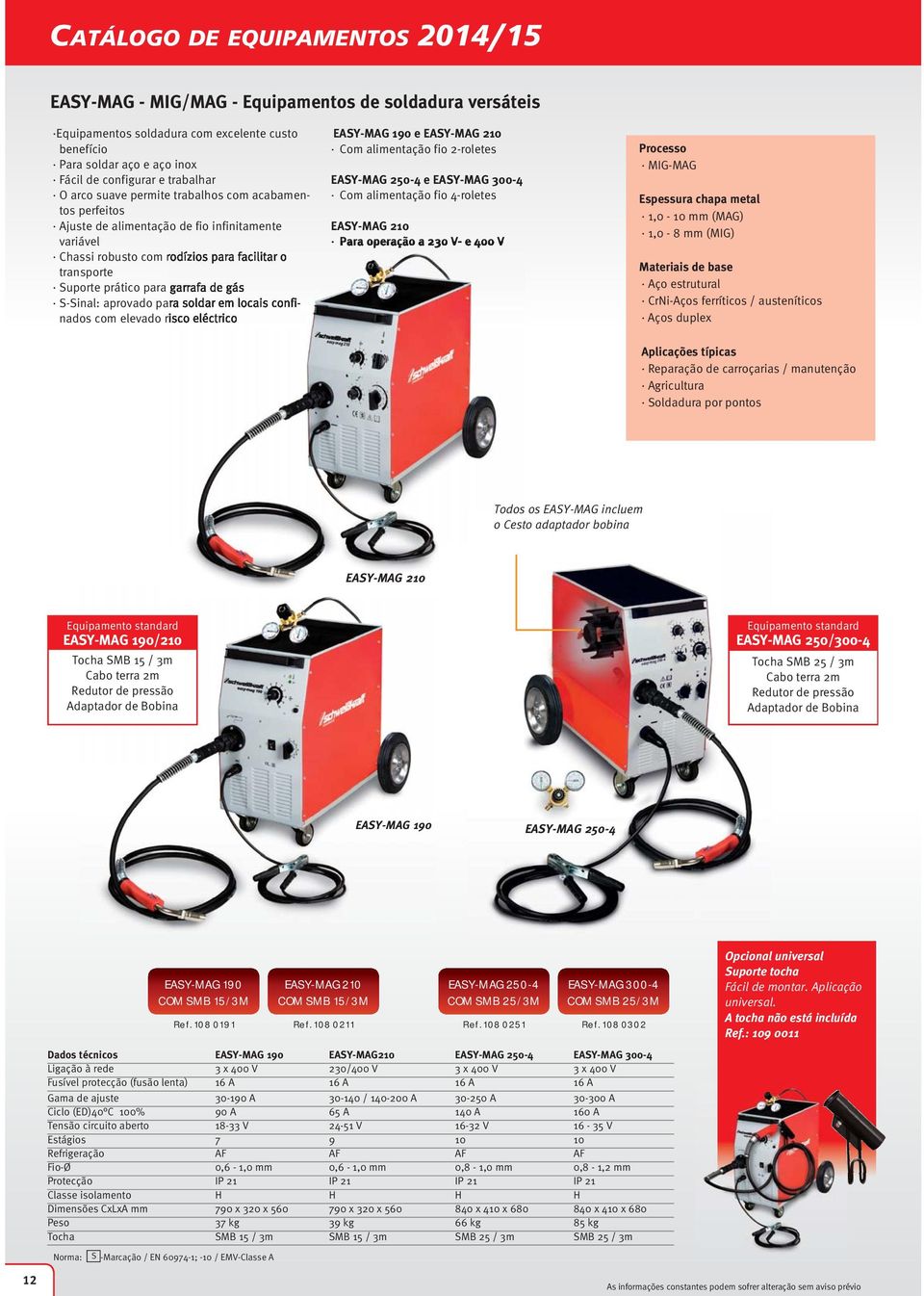 garrafa de gás S-Sinal: aprovado para soldar em locais confinados com elevado risco eléctrico EASY-MAG 190 e EASY-MAG 210 Com alimentação fio 2-roletes EASY-MAG 250-4 e EASY-MAG 300-4 Com alimentação