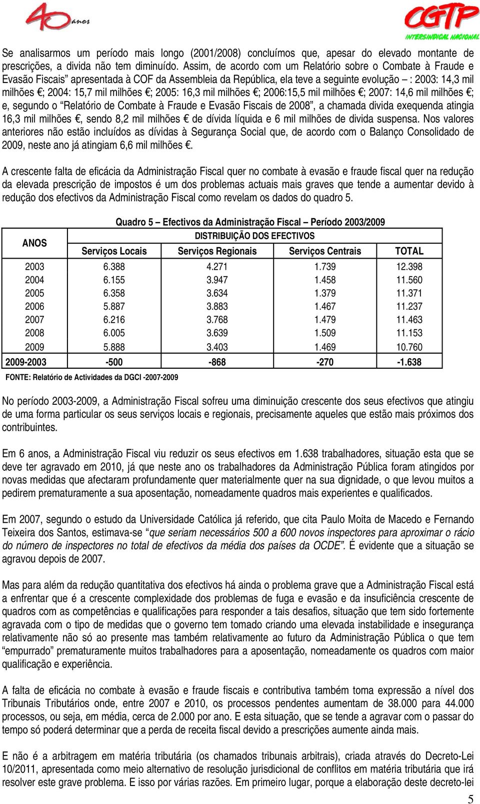 milhões ; 2005: 16,3 mil milhões ; 2006:15,5 mil milhões ; 2007: 14,6 mil milhões ; e, segundo o Relatório de Combate à Fraude e Evasão Fiscais de 2008, a chamada divida exequenda atingia 16,3 mil