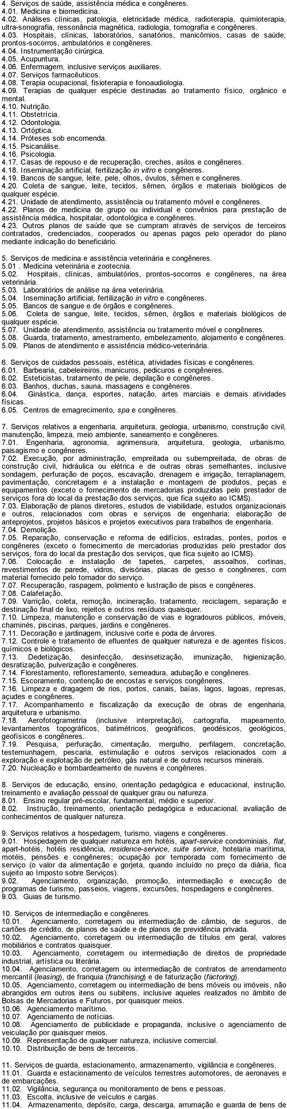 Hospitais, clínicas, laboratórios, sanatórios, manicômios, casas de saúde, prontos socorros, ambulatórios e congêneres. 4.04. Instrumentação cirúrgica. 4.05. Acupuntura. 4.06.