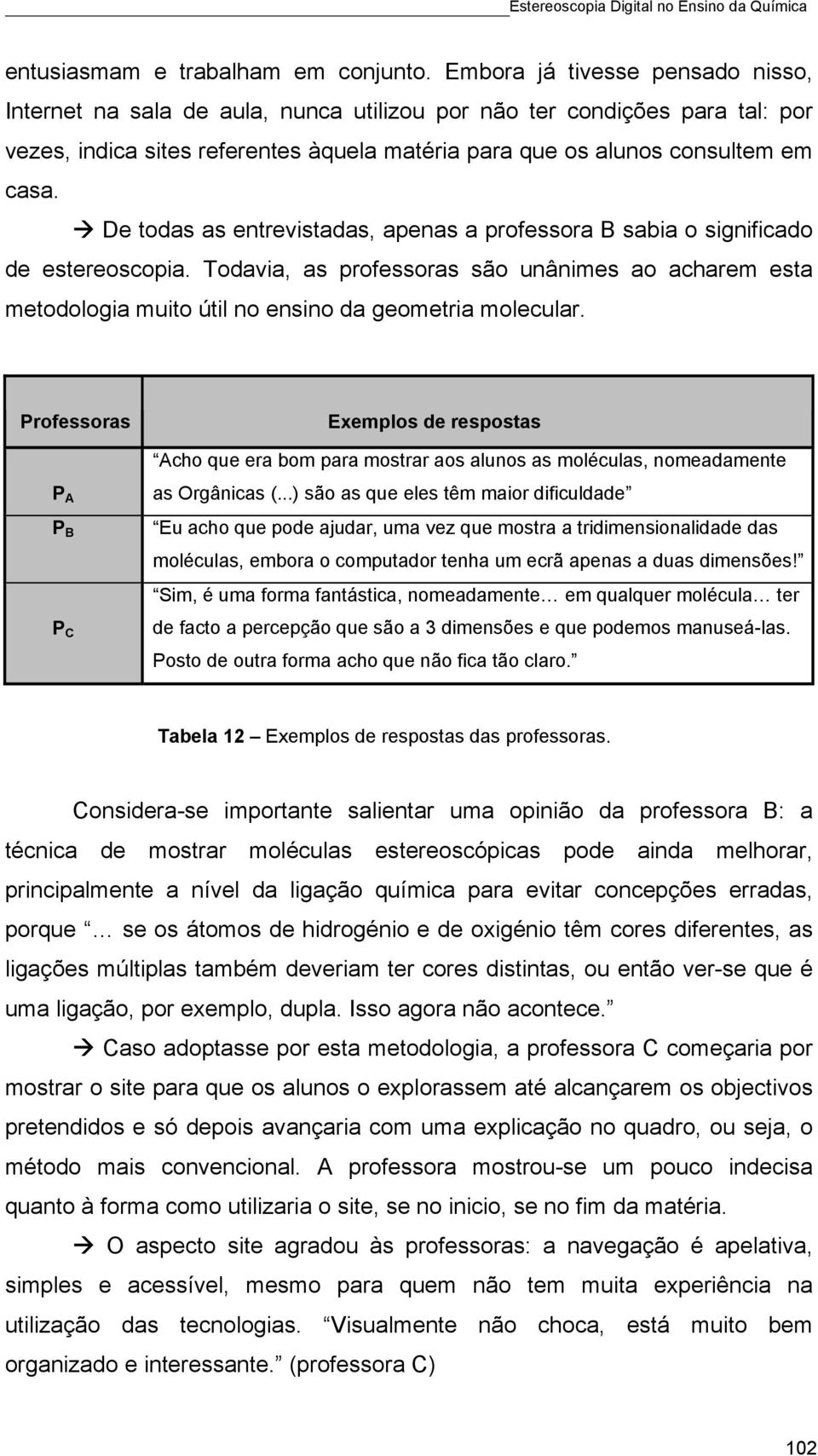 De todas as entrevistadas, apenas a professora B sabia o significado de estereoscopia. Todavia, as professoras são unânimes ao acharem esta metodologia muito útil no ensino da geometria molecular.