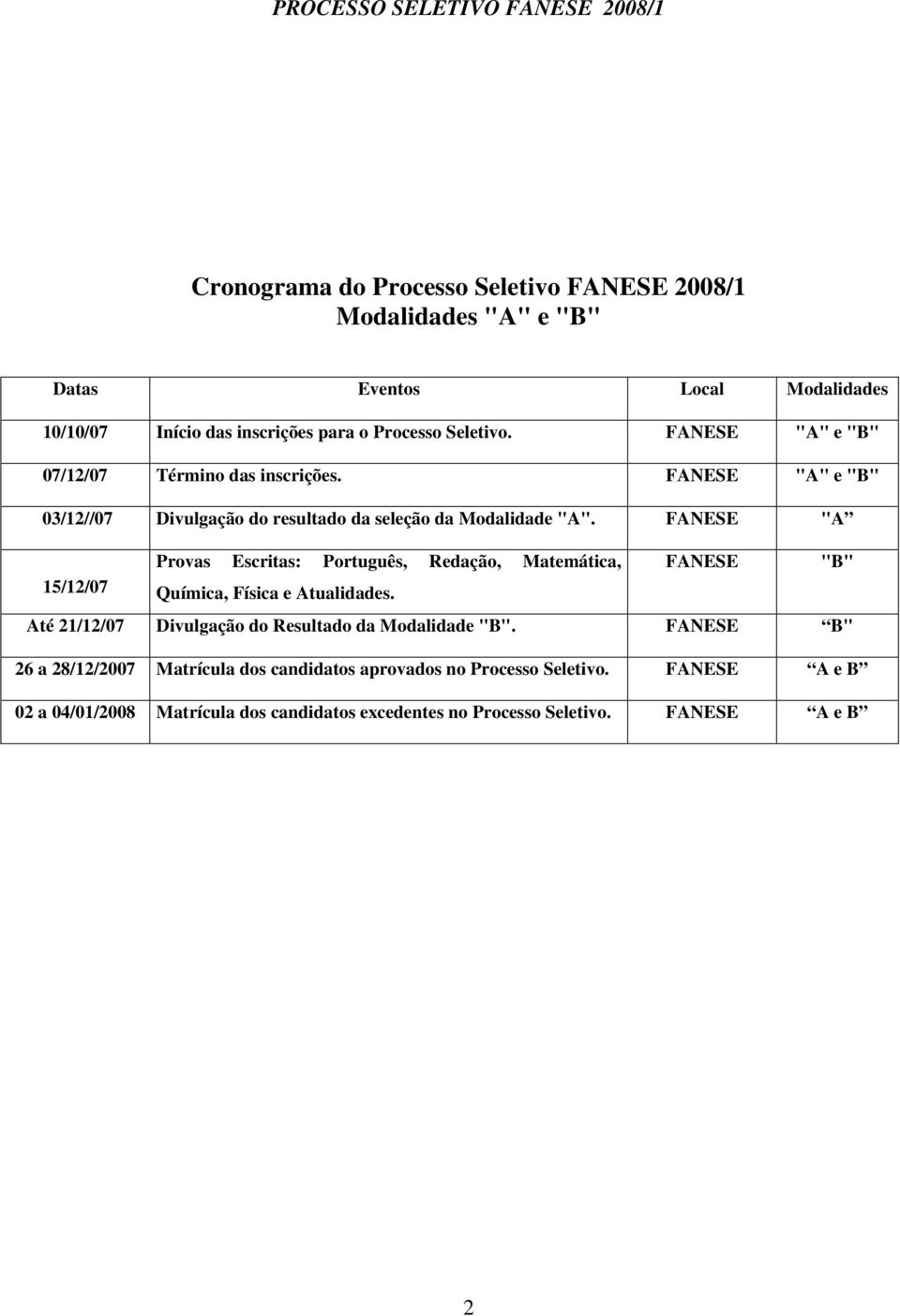 FANESE "A Provas Escritas: Português, Redação, Matemática, FANESE "B" 15/12/07 Química, Física e Atualidades.