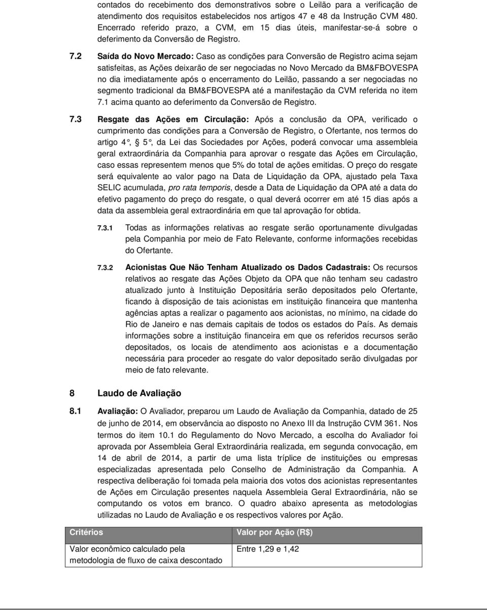 2 Saída do Novo Mercado: Caso as condições para Conversão de Registro acima sejam satisfeitas, as Ações deixarão de ser negociadas no Novo Mercado da BM&FBOVESPA no dia imediatamente após o