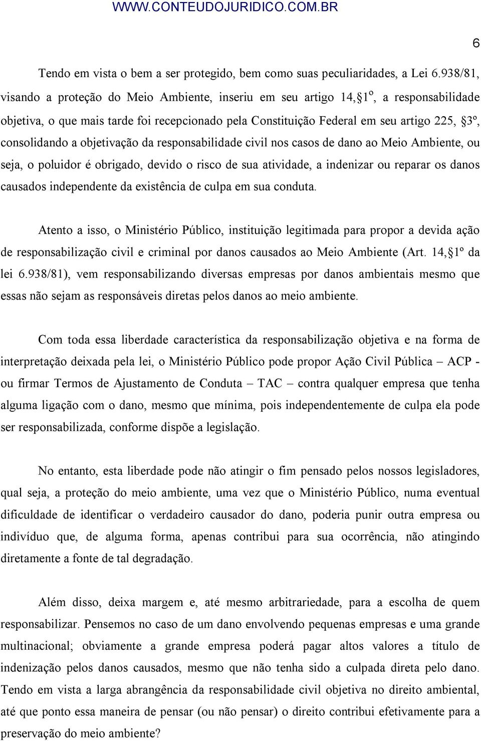 a objetivação da responsabilidade civil nos casos de dano ao Meio Ambiente, ou seja, o poluidor é obrigado, devido o risco de sua atividade, a indenizar ou reparar os danos causados independente da