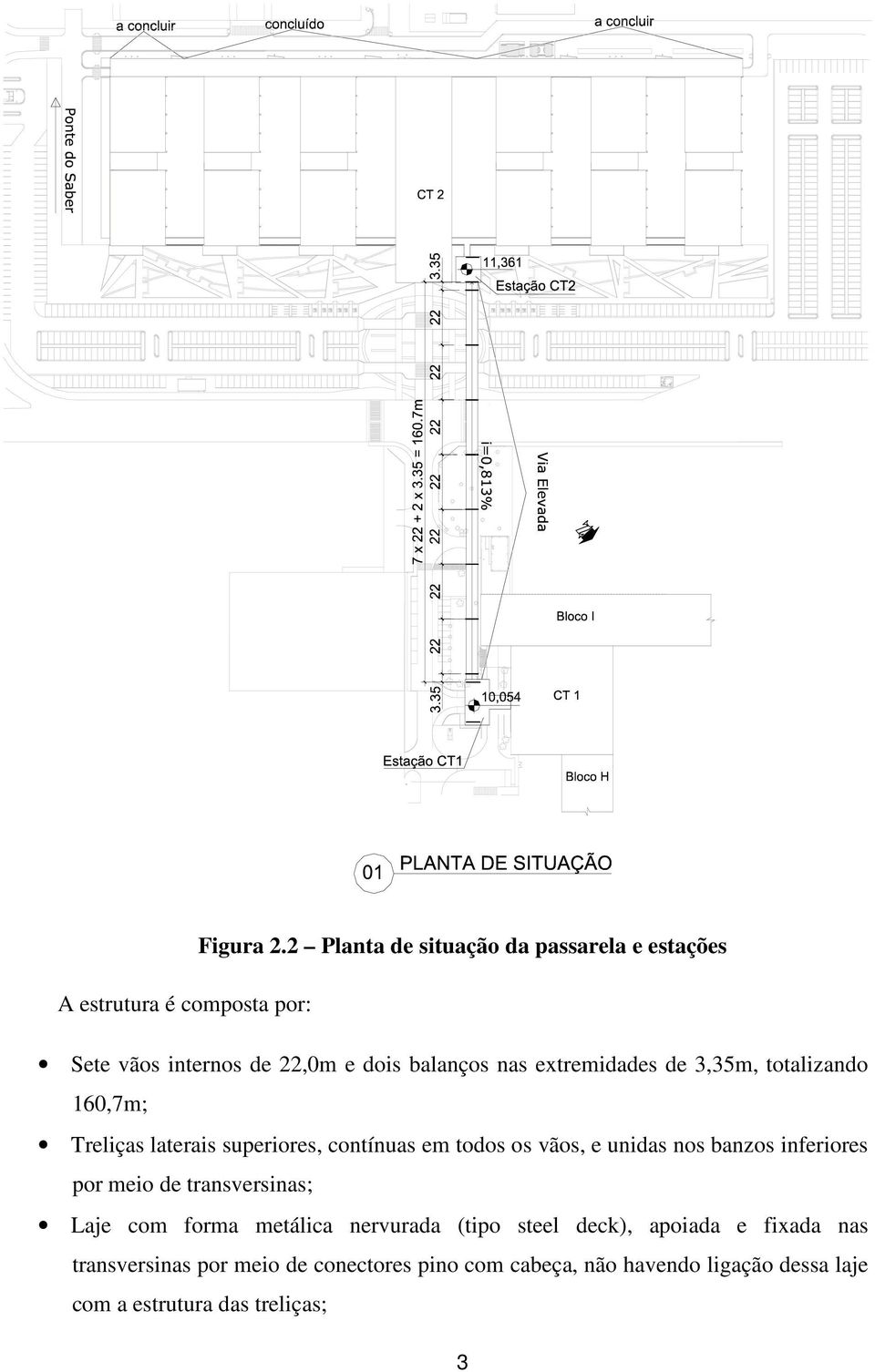 exremidades de 3,35m, oalizando 160,7m; Treliças laerais superiores, conínuas em odos os vãos, e unidas nos