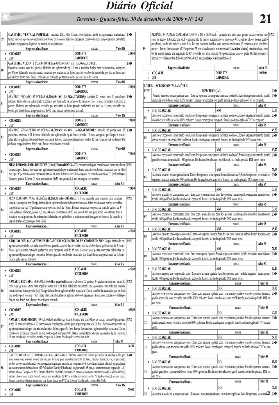 345,00 GAVETEIRO VOLANTE COM 04 GAVETAS (0,48x0,45x0,71 mts) (LARGxALTxPROF): UND 80 Gaveteiro volante com 04 gavetas fabricado em aglomerado bp 15 mm e rodízios duplos para deslocamento, composto