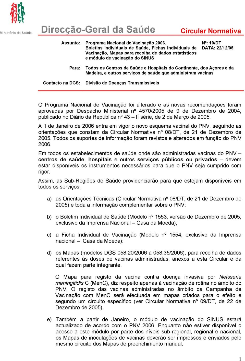 Centros de Saúde e Hospitais do Continente, dos Açores e da Madeira, e outros serviços de saúde que administram vacinas Divisão de Doenças Transmissíveis O Programa Nacional de Vacinação foi alterado