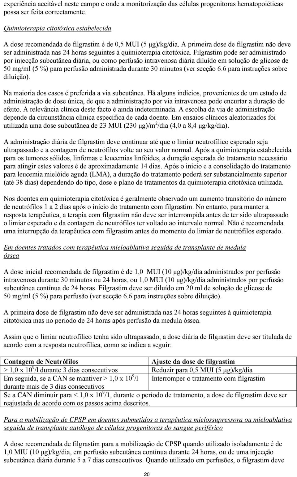 A primeira dose de filgrastim não deve ser administrada nas 24 horas seguintes à quimioterapia citotóxica.