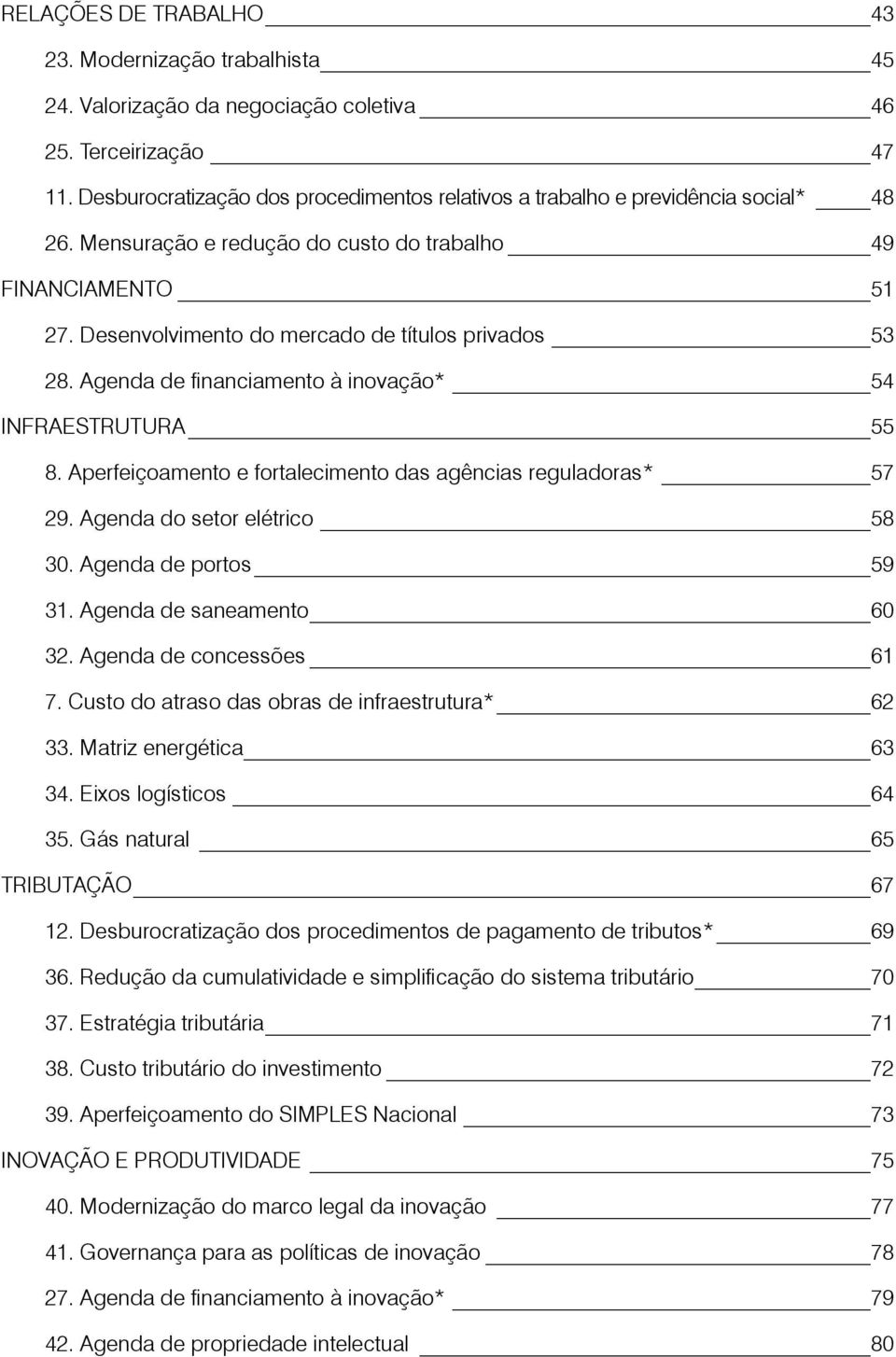 Desenvolvimento do mercado de títulos privados 53 28. Agenda de financiamento à inovação* 54 INFRAESTRUTURA 55 8. Aperfeiçoamento e fortalecimento das agências reguladoras* 57 29.