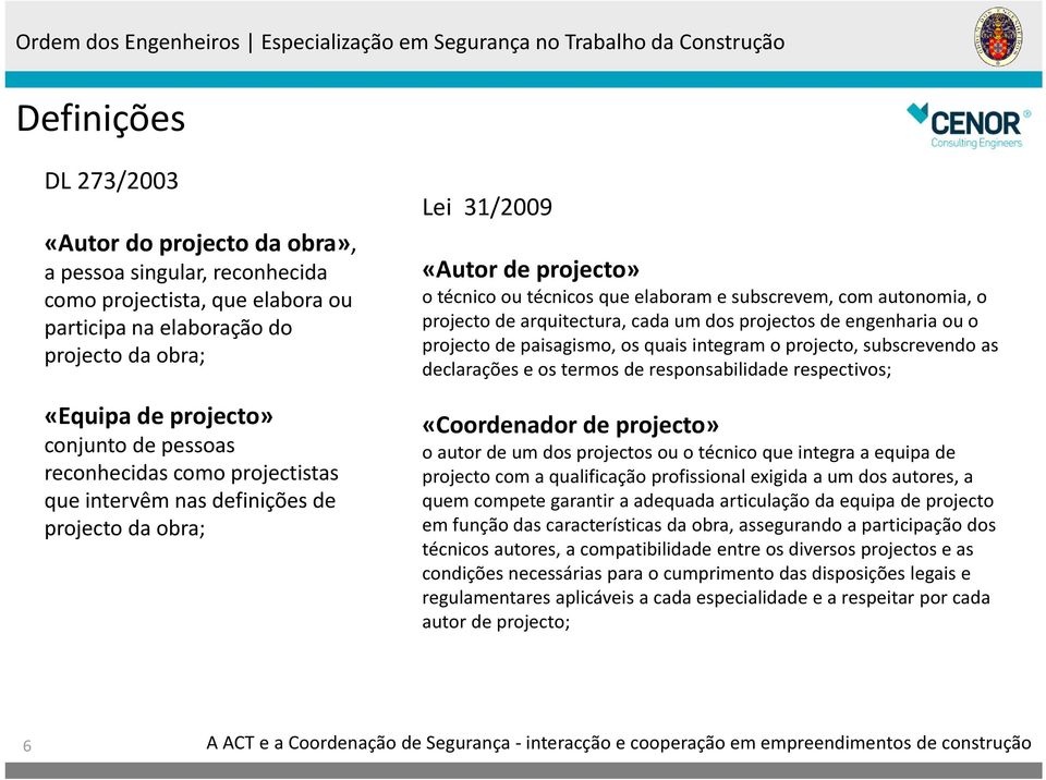 arquitectura, cada um dos projectos de engenharia ou o projecto de paisagismo, os quais integram o projecto, subscrevendo as declarações e os termos de responsabilidade respectivos; «Coordenador de