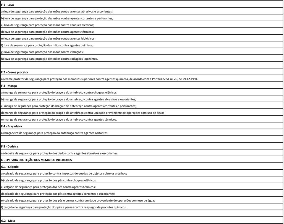 segurança para proteção das mãos contra agentes químicos; g) luva de segurança para proteção das mãos contra vibrações; h) luva de segurança para proteção das mãos contra radiações ionizantes. F.