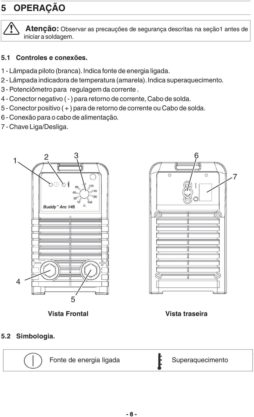 3 - Potenciômetro para regulagem da corrente. 4 - Conector negativo(-) para retorno de corrente, Cabo de solda.