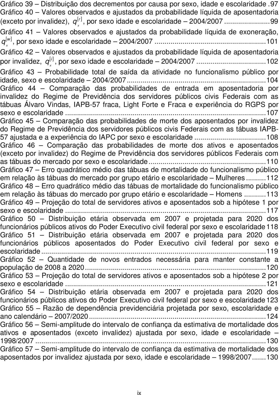 ..99 Gráfico 41 Valores observados e ajustados da probabilidade líquida de eoneração, [ w ] q, por seo idade e escolaridade 2004/2007.