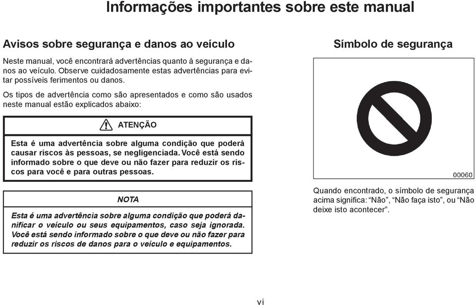 Os tipos de advertência como são apresentados e como são usados neste manual estão explicados abaixo: Símbolo de segurança ATENÇÃO Esta é uma advertência sobre alguma condição que poderá causar