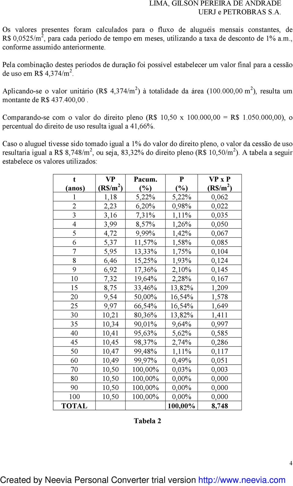 000,00 m 2 ), resulta um montante de R$ 437.400,00. Comparando-se com o valor do direito pleno (R$ 10,50 x 100.000,00 = R$ 1.050.000,00), o percentual do direito de uso resulta igual a 41,66%.