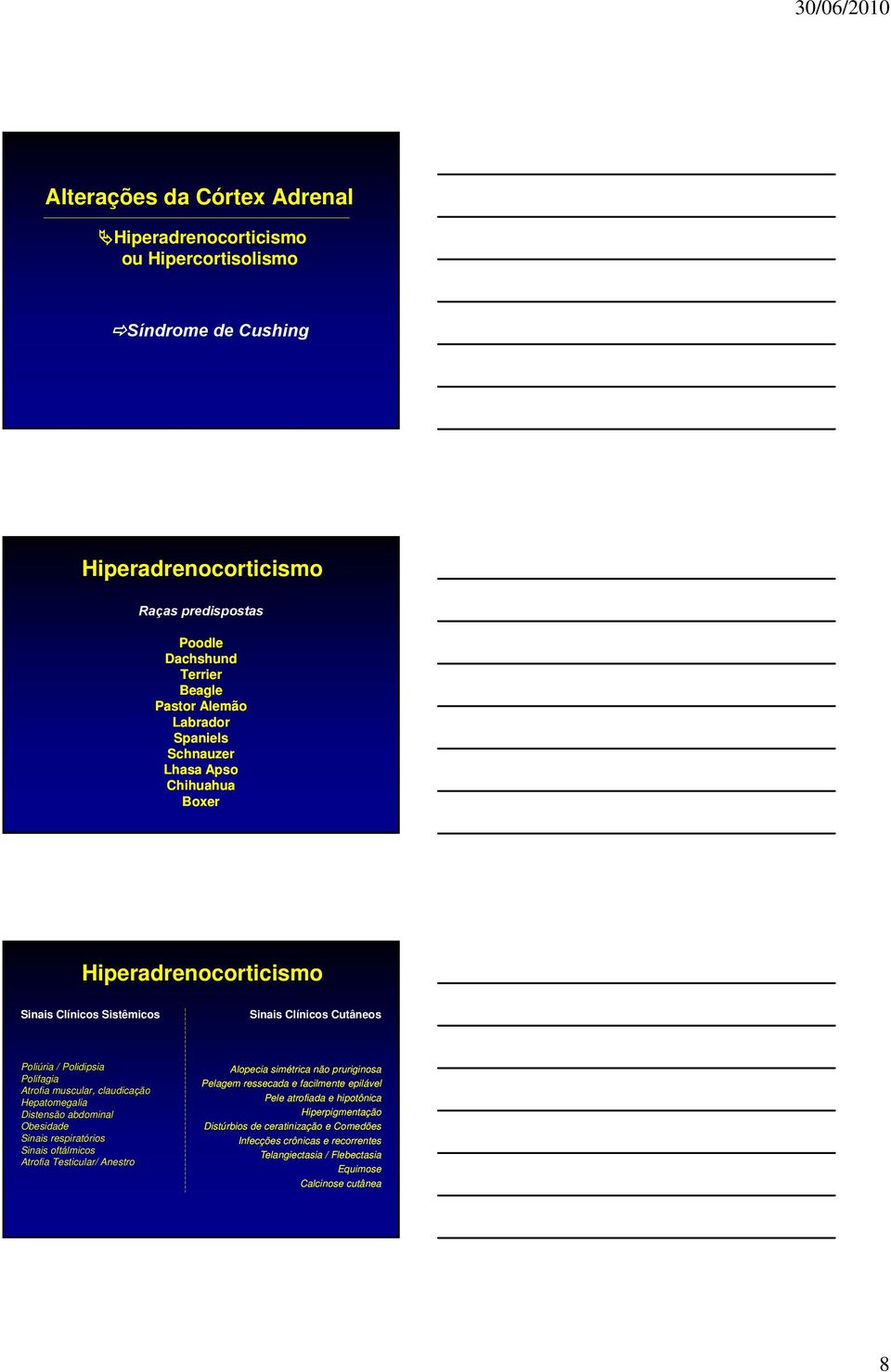 claudicação Hepatomegalia Distensão abdominal Obesidade Sinais respiratórios Sinais oftálmicos Atrofia Testicular/ Anestro Alopecia simétrica não pruriginosa Pelagem ressecada e