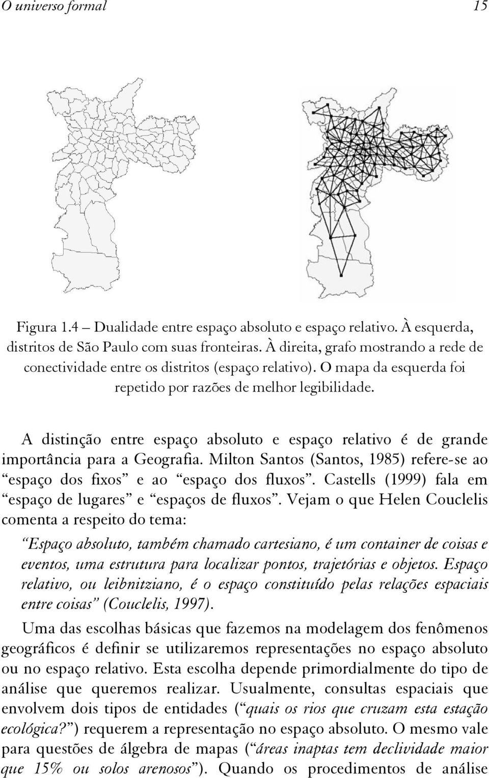 A distinção entre espaço absoluto e espaço relativo é de grande importância para a Geografia. Milton Santos (Santos, 1985) refere-se ao espaço dos fixos e ao espaço dos fluxos.