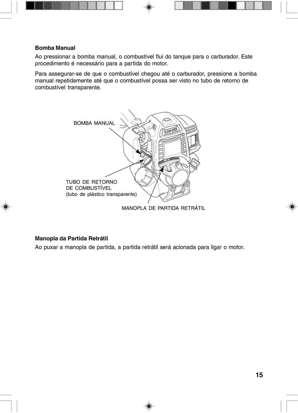 Para assegurar-se de que o combustível chegou até o carburador, pressione a bomba manual repetidamente até que o combustível possa ser