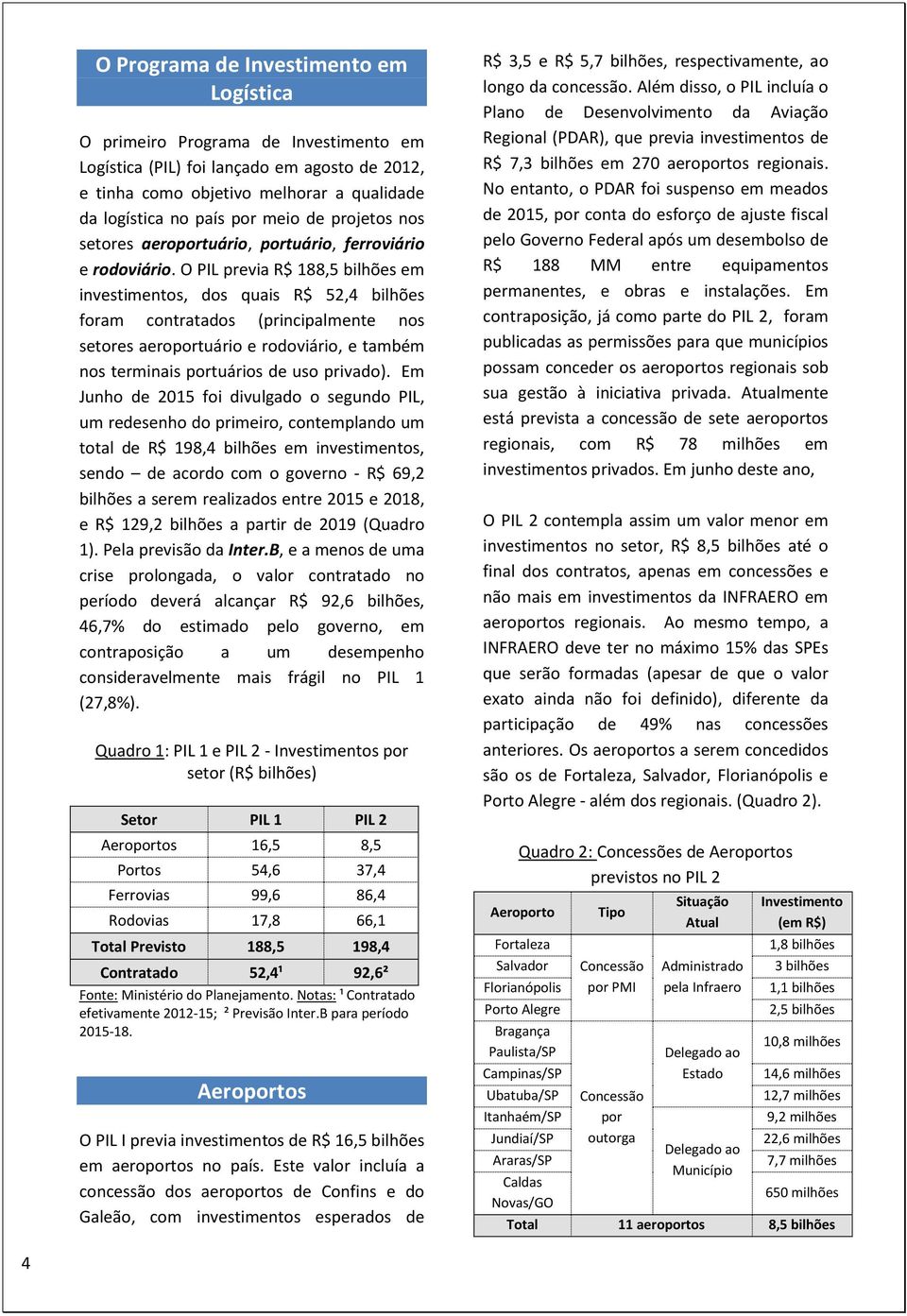 O PIL previa R$ 188,5 bilhões em investimentos, dos quais R$ 52,4 bilhões foram contratados (principalmente nos setores aeroportuário e rodoviário, e também nos terminais portuários de uso privado).