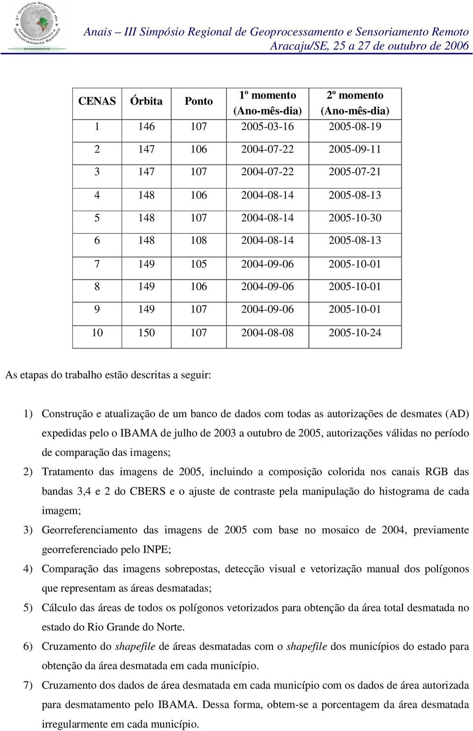 etapas do trabalho estão descritas a seguir: 1) Construção e atualização de um banco de dados com todas as autorizações de desmates (AD) expedidas pelo o IBAMA de julho de 2003 a outubro de 2005,