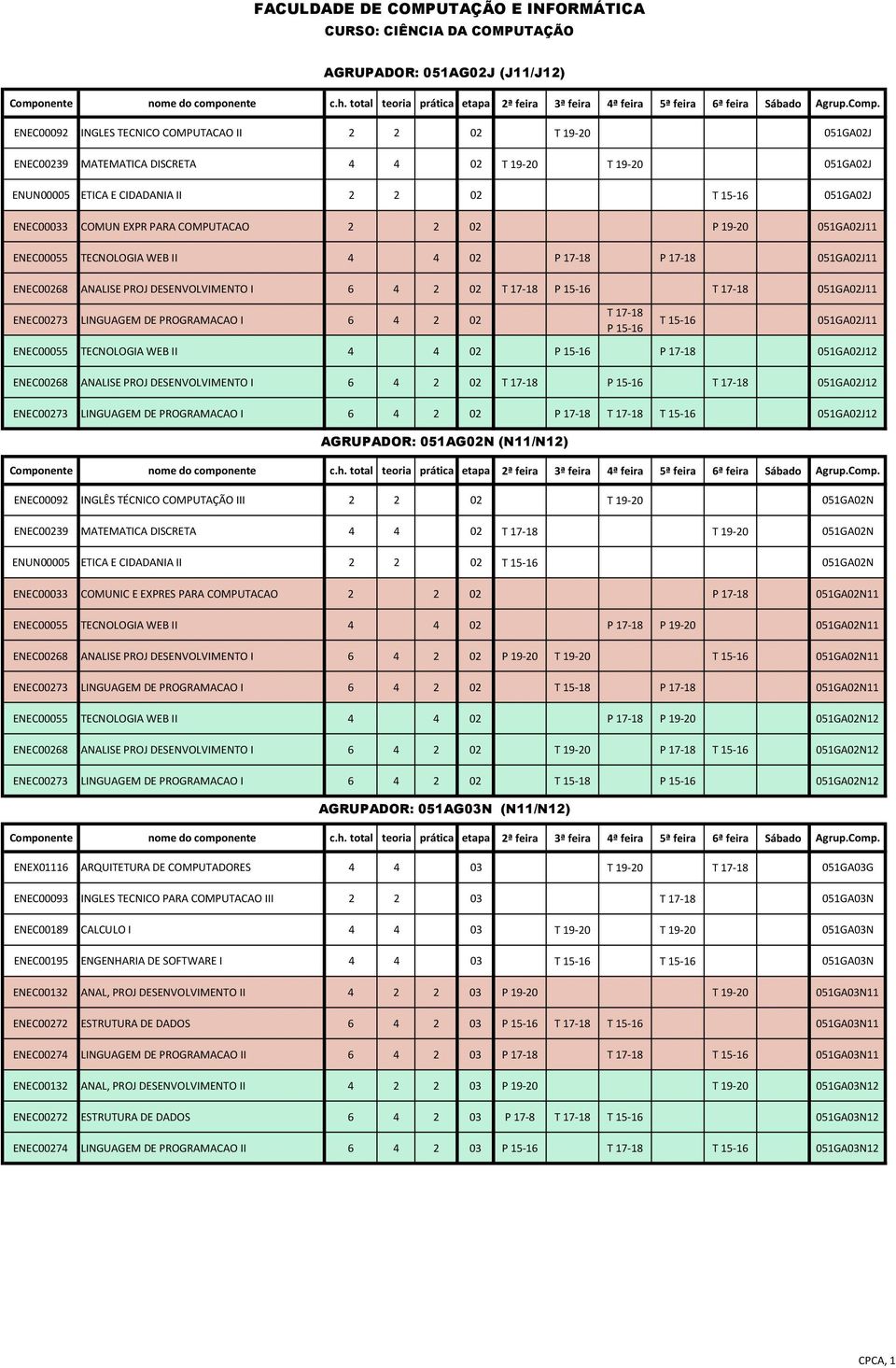 15-16 T 17-18 051GA02J11 ENEC00273 LINGUAGEM DE PROGRAMACAO I 6 4 2 02 T 17-18 P 15-16 T 15-16 051GA02J11 ENEC00055 TECNOLOGIA WEB II 4 4 02 P 15-16 P 17-18 051GA02J12 ENEC00268 ANALISE PROJ