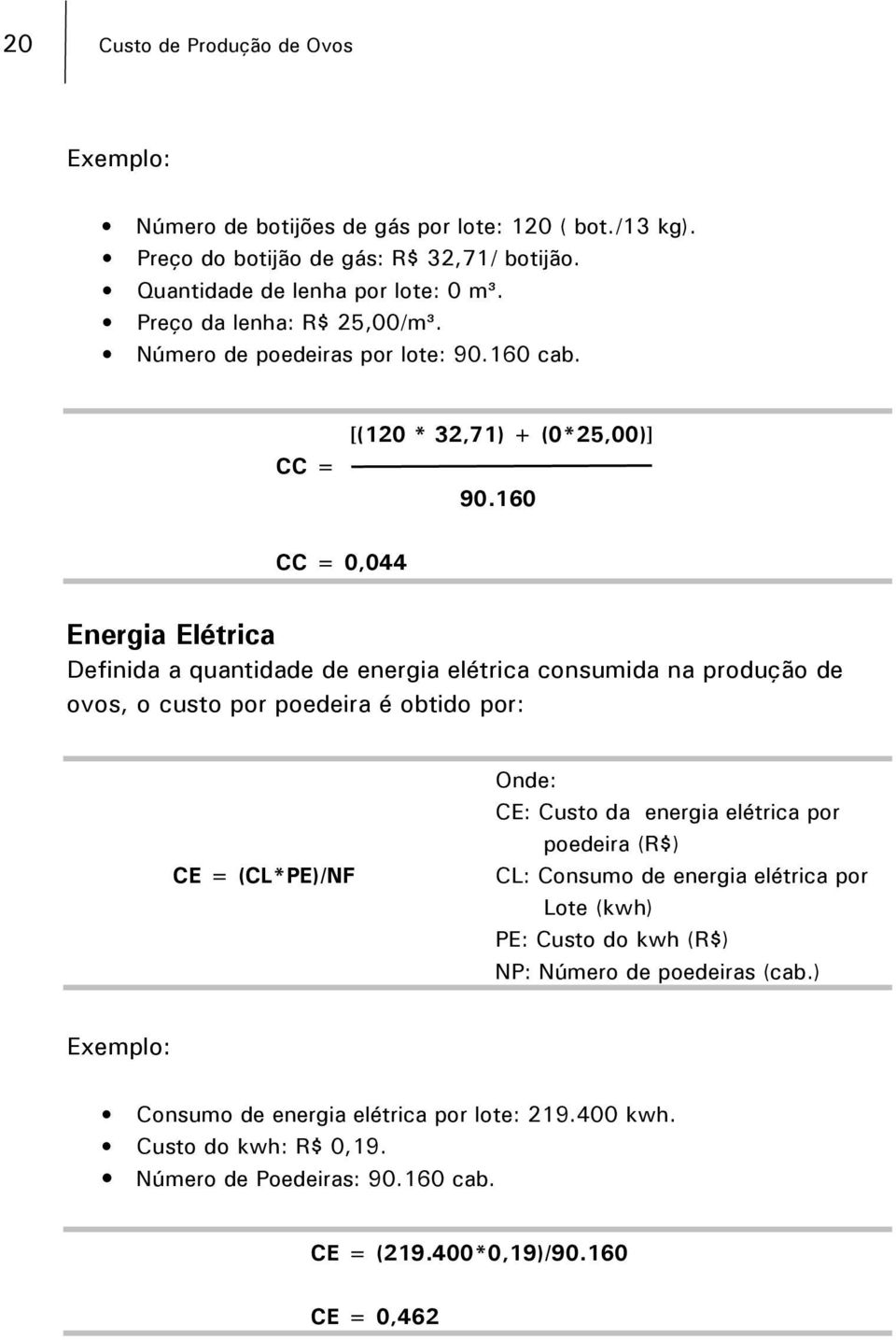 160 CC = 0,044 Energia Elétrica Definida a quantidade de energia elétrica consumida na produção de ovos, o custo por poedeira é obtido por: CE = (CL*PE)/NF Onde: CE: Custo da energia