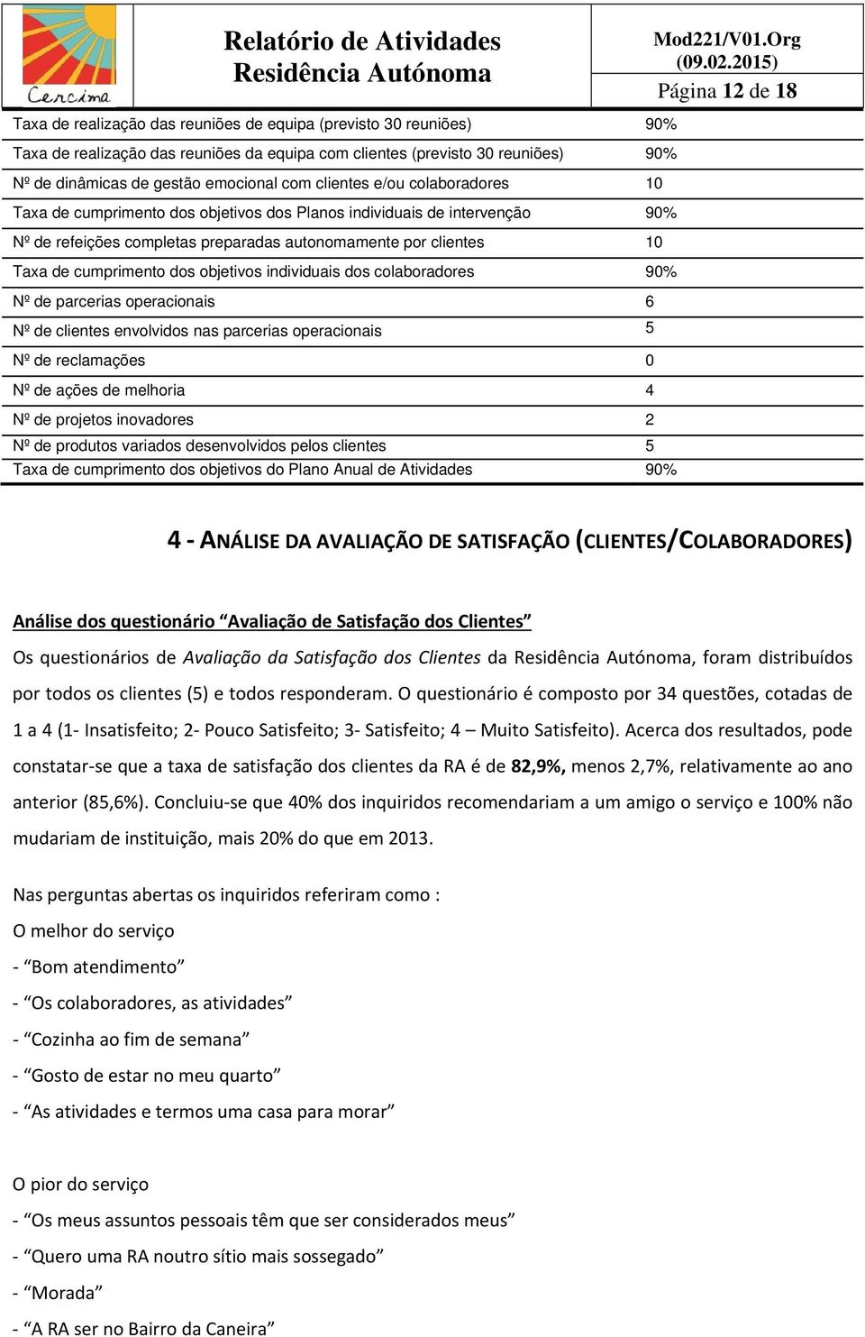 cumprimento dos objetivos individuais dos colaboradores 90% Nº de parcerias operacionais 6 Nº de clientes envolvidos nas parcerias operacionais 5 Nº de reclamações 0 Nº de ações de melhoria 4 Nº de