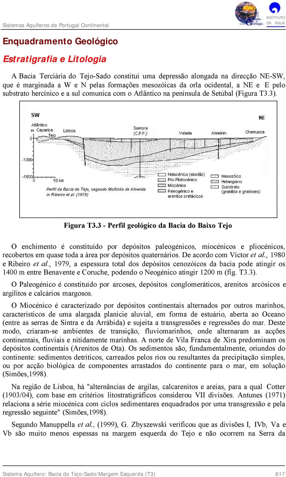 3 - Perfil geológico da Bacia do Baixo Tejo O enchimento é constituído por depósitos paleogénicos, miocénicos e pliocénicos, recobertos em quase toda a área por depósitos quaternários.