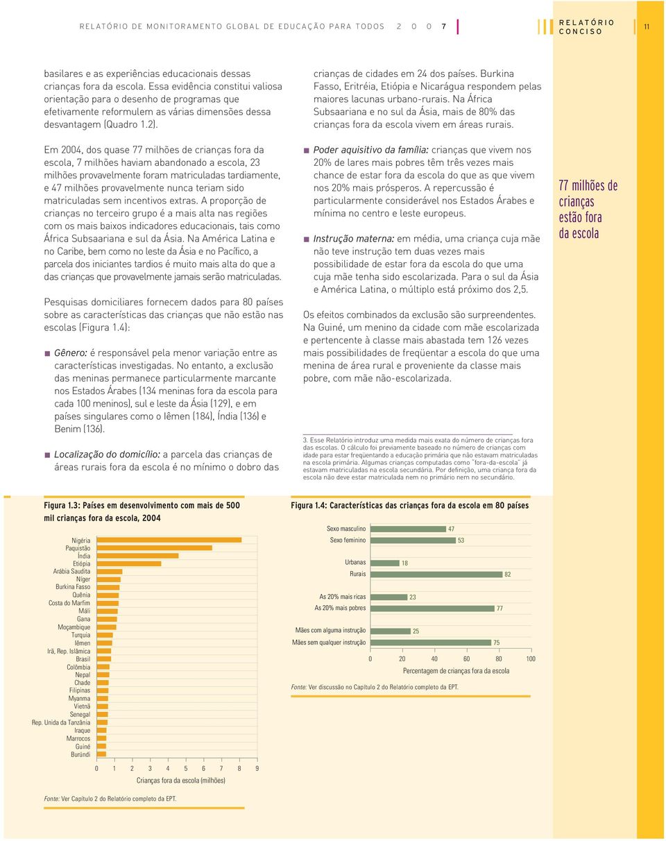 Em 2004, dos quase 77 milhões de crianças fora da escola, 7 milhões haviam abandonado a escola, 23 milhões provavelmente foram matriculadas tardiamente, e 47 milhões provavelmente nunca teriam sido