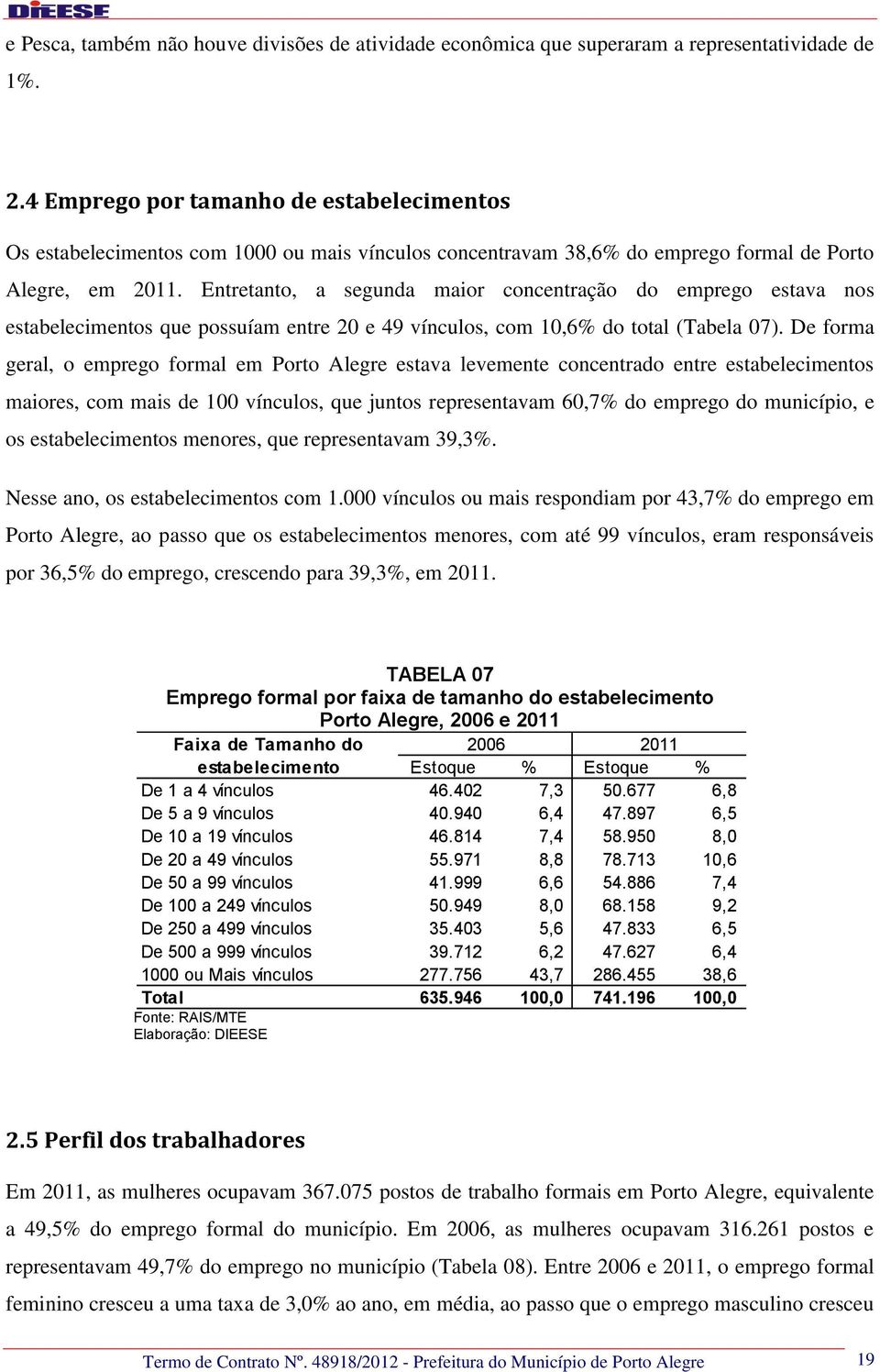 Entretanto, a segunda maior concentração do emprego estava nos estabelecimentos que possuíam entre 20 e 49 vínculos, com 10,6% do total (Tabela 07).