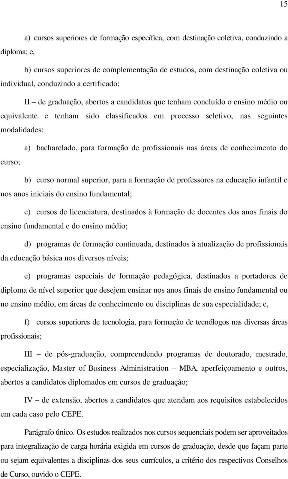 bacharelado, para formação de profissionais nas áreas de conhecimento do b) curso normal superior, para a formação de professores na educação infantil e nos anos iniciais do ensino fundamental; c)