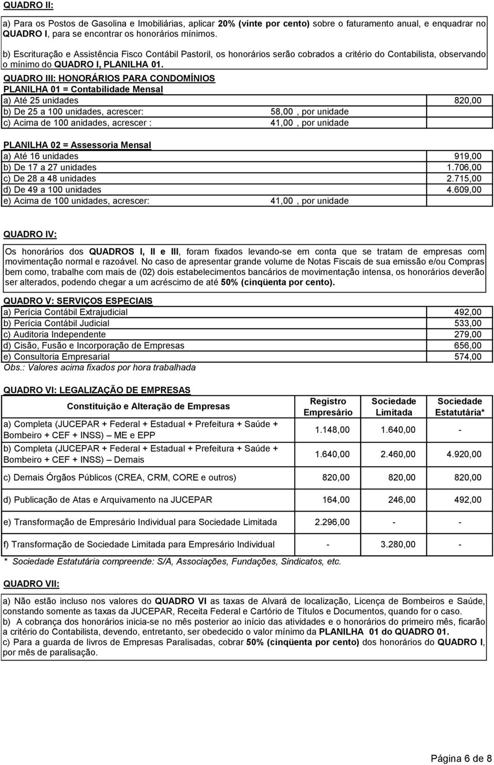 QUADRO III: HONORÁRIOS PARA CONDOMÍNIOS PLANILHA 01 = Contabilidade Mensal a) Até 25 unidades 820,00 b) De 25 a 100 unidades, acrescer: 58,00, por unidade c) Acima de 100 anidades, acrescer : 41,00,