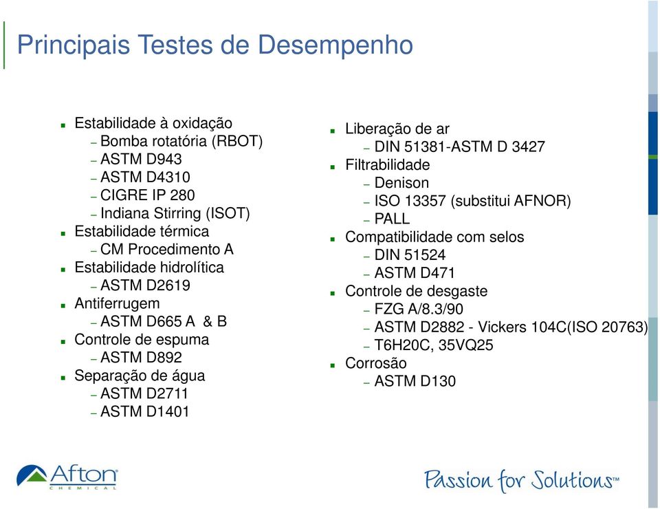 Compatibilidade com selos CM Procedimento e A DIN 51524 ASTM D471 Controle de desgaste FZG A/8.