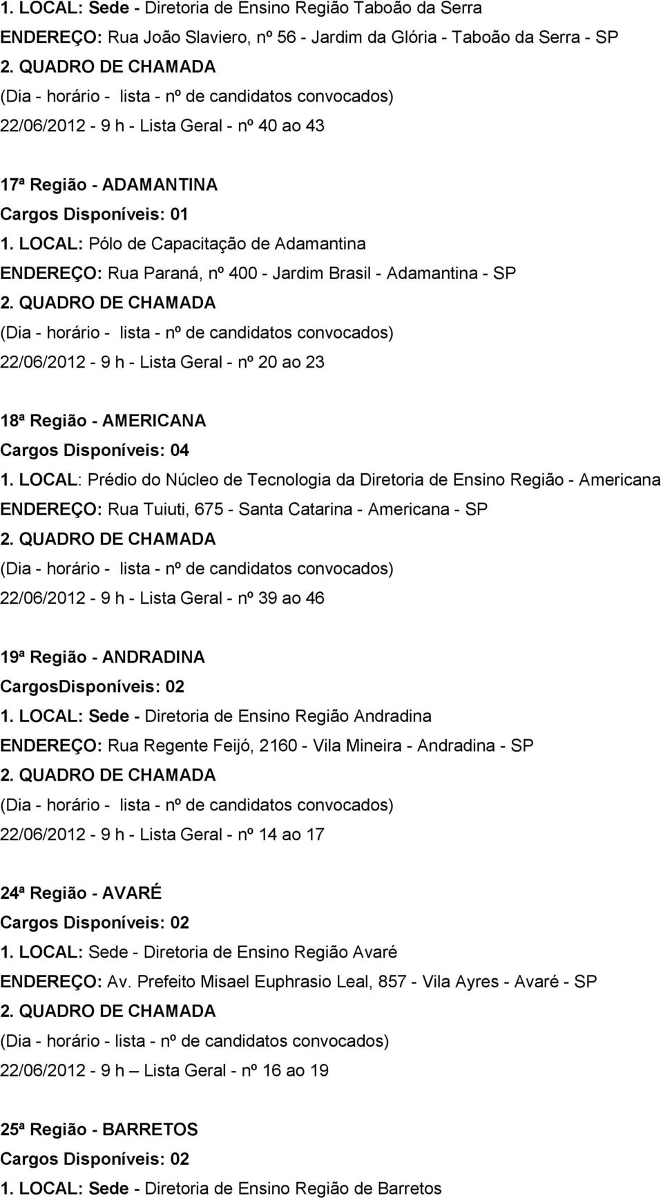 LOCAL: Pólo de Capacitação de Adamantina ENDEREÇO: Rua Paraná, nº 400 - Jardim Brasil - Adamantina - SP 22/06/2012-9 h - Lista Geral - nº 20 ao 23 18ª Região - AMERICANA Cargos Disponíveis: 04 1.
