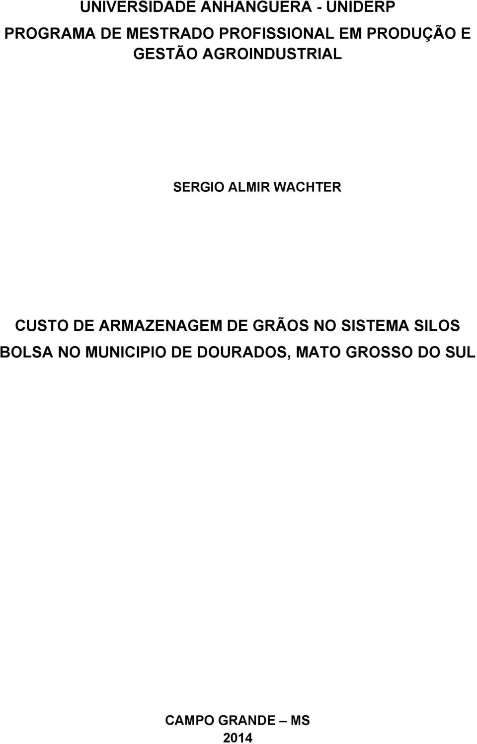 ALMIR WACHTER CUSTO DE ARMAZENAGEM DE GRÃOS NO SISTEMA SILOS