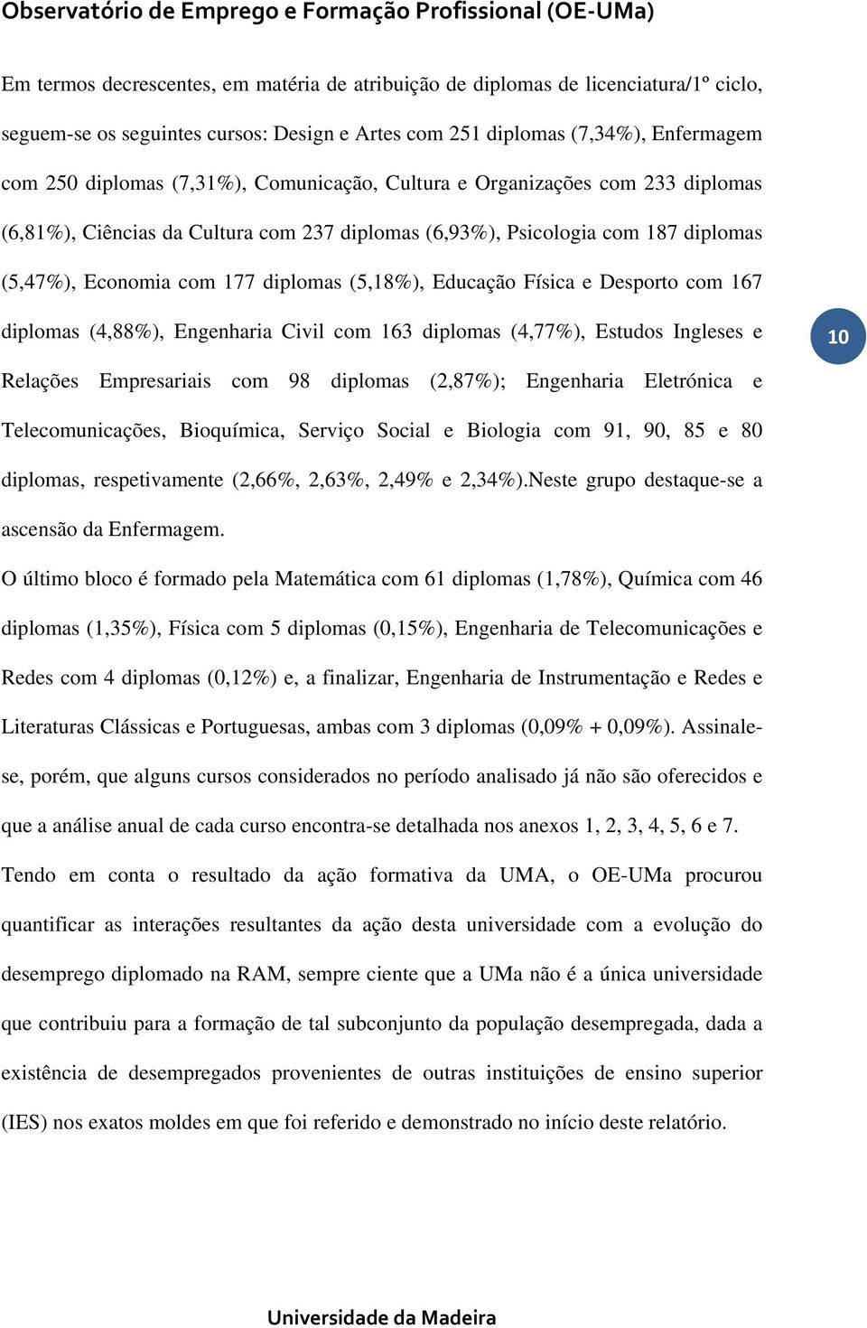 Desporto com 167 diplomas (4,88%), Engenharia Civil com 163 diplomas (4,77%), Estudos Ingleses e 10 Relações Empresariais com 98 diplomas (2,87%); Engenharia Eletrónica e Telecomunicações,