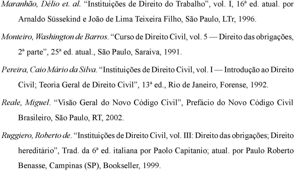 I Introdução ao Direito Civil; Teoria Geral de Direito Civil, 13ª ed., Rio de Janeiro, Forense, 1992. Reale, Miguel.