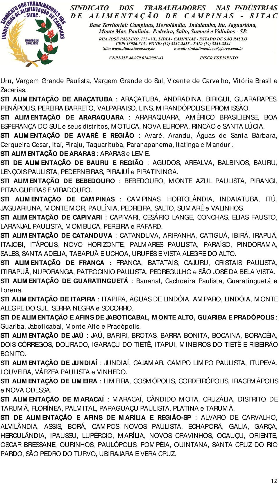 STI ALIMENTAÇÃO DE ARARAQUARA : ARARAQUARA, AMÉRICO BRASILIENSE, BOA ESPERANÇA DO SUL e seus distritos, MOTUCA, NOVA EUROPA, RINCÃO e SANTA LÚCIA.