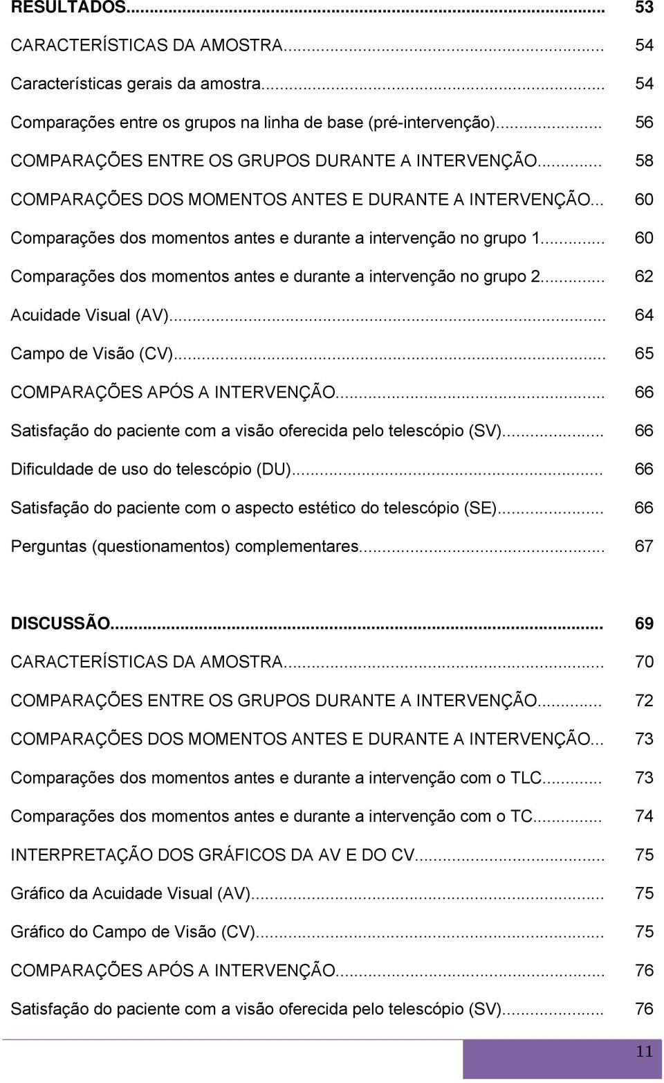 .. 60 Comparações dos momentos antes e durante a intervenção no grupo 2... 62 Acuidade Visual (AV)... 64 Campo de Visão (CV)... 65 COMPARAÇÕES APÓS A INTERVENÇÃO.