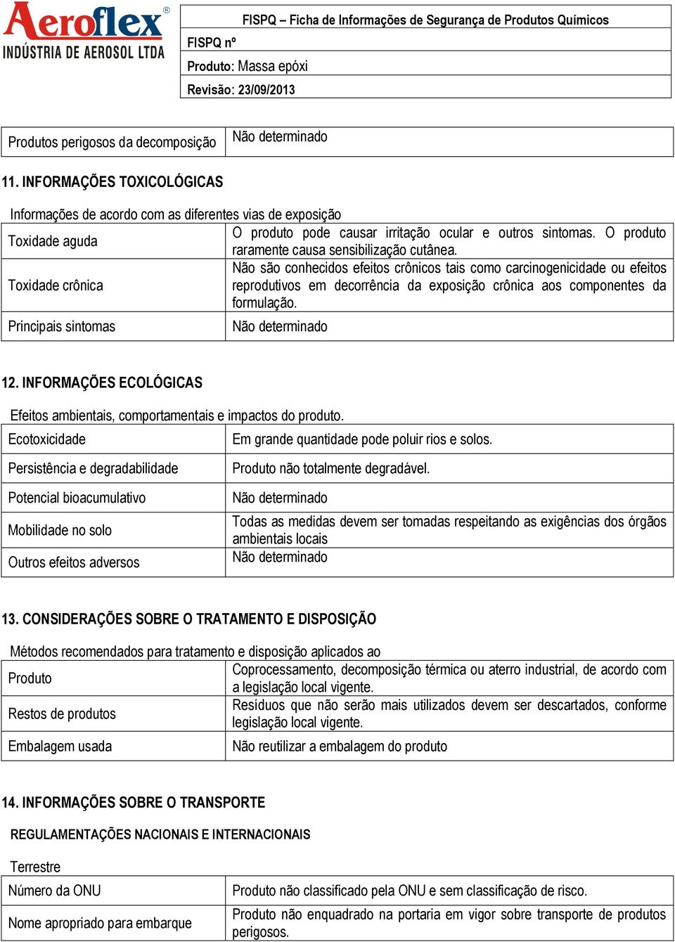 Não são conhecidos efeitos crônicos tais como carcinogenicidade ou efeitos Toxidade crônica reprodutivos em decorrência da exposição crônica aos componentes da formulação. Principais sintomas 12.