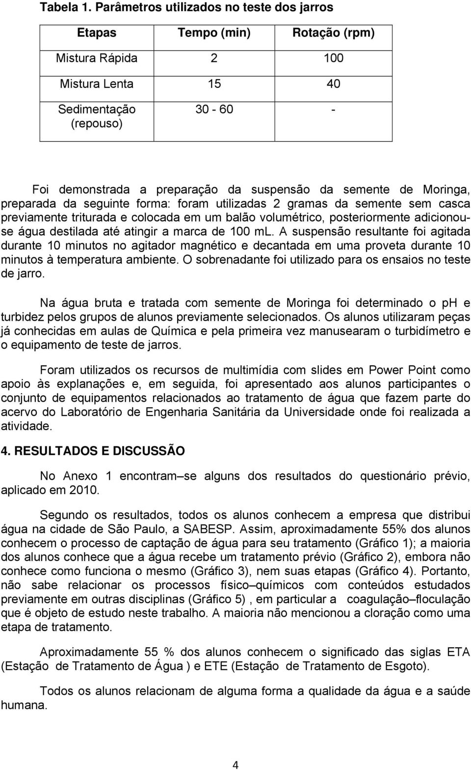 de Moringa, preparada da seguinte forma: foram utilizadas 2 gramas da semente sem casca previamente triturada e colocada em um balão volumétrico, posteriormente adicionouse água destilada até atingir