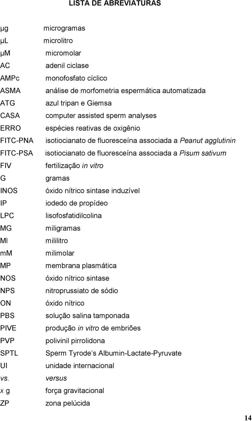 fertilização in vitro G gramas INOS óxido nítrico sintase induzível IP iodedo de propídeo LPC lisofosfatidilcolina MG miligramas Ml mililitro mm milimolar MP membrana plasmática NOS óxido nítrico