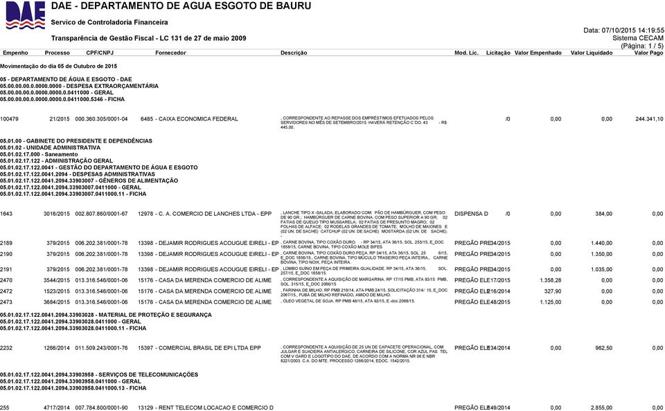 305/0001-04 6485 - CAIXA ECONOMICA FEDERAL, CORRESPONDENTE AO REPASSE DOS EMPRÉSTIMOS EFETUADOS PELOS SERVIDORES NO MÊS DE SETEMBRO/2015. HAVERÁ RETENÇÃO C DO. 43 - R$ /0 0,00 0,00 244.341,10 445,00.