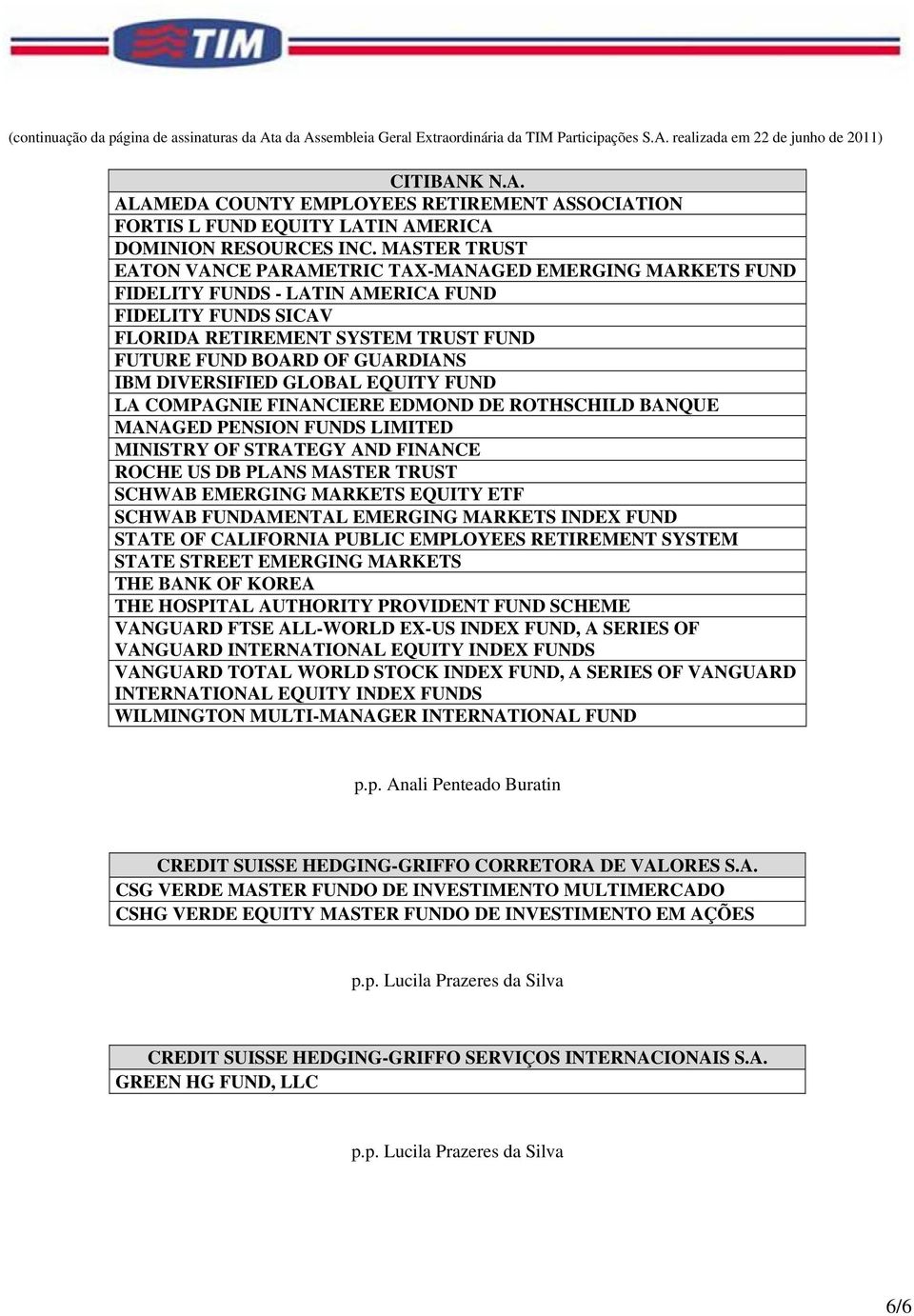 DIVERSIFIED GLOBAL EQUITY FUND LA COMPAGNIE FINANCIERE EDMOND DE ROTHSCHILD BANQUE MANAGED PENSION FUNDS LIMITED MINISTRY OF STRATEGY AND FINANCE ROCHE US DB PLANS MASTER TRUST SCHWAB EMERGING