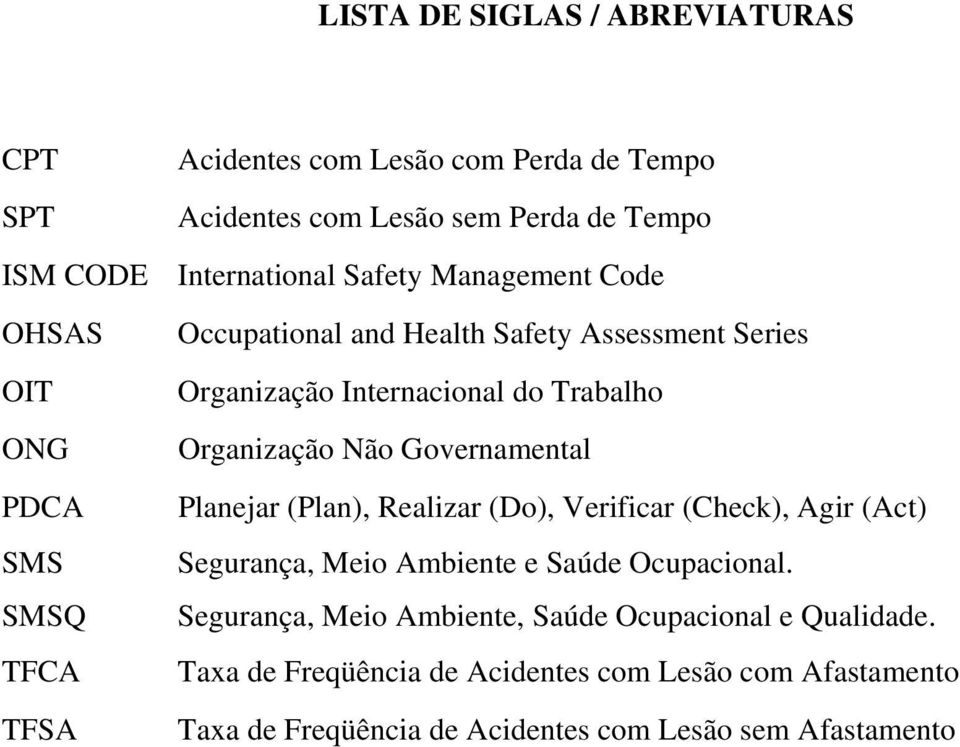 PDCA Planejar (Plan), Realizar (Do), Verificar (Check), Agir (Act) SMS Segurança, Meio Ambiente e Saúde Ocupacional.