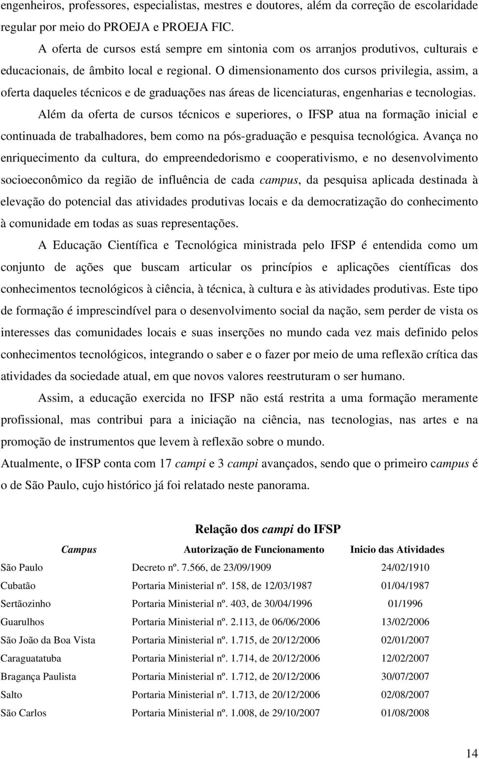 O dimensionamento dos cursos privilegia, assim, a oferta daqueles técnicos e de graduações nas áreas de licenciaturas, engenharias e tecnologias.