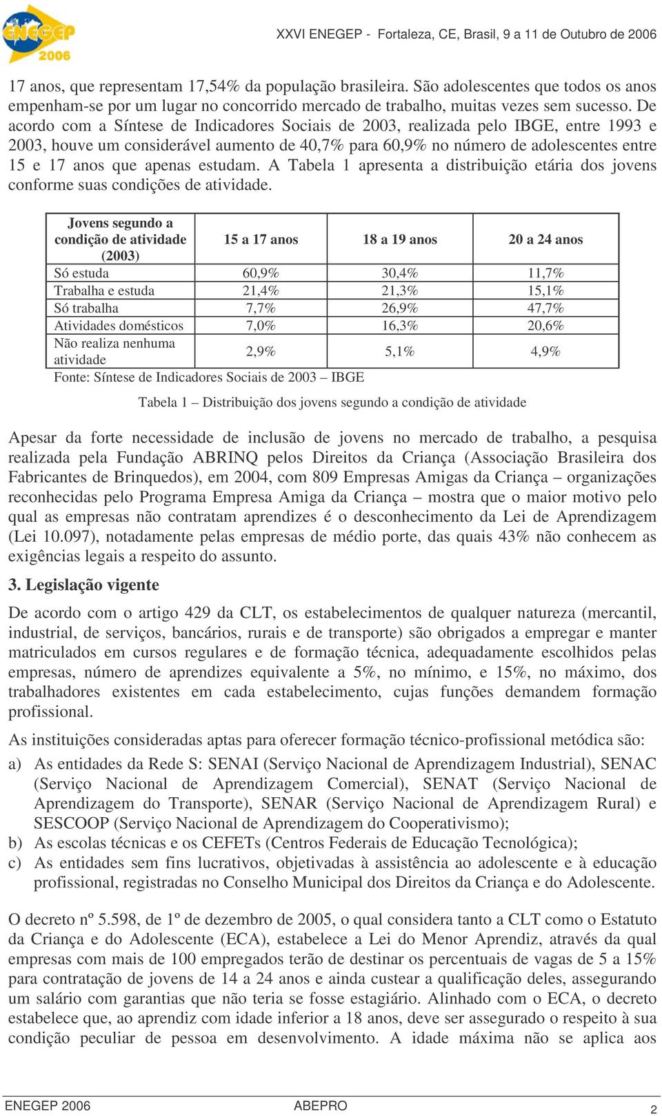 apenas estudam. A Tabela 1 apresenta a distribuição etária dos jovens conforme suas condições de atividade.