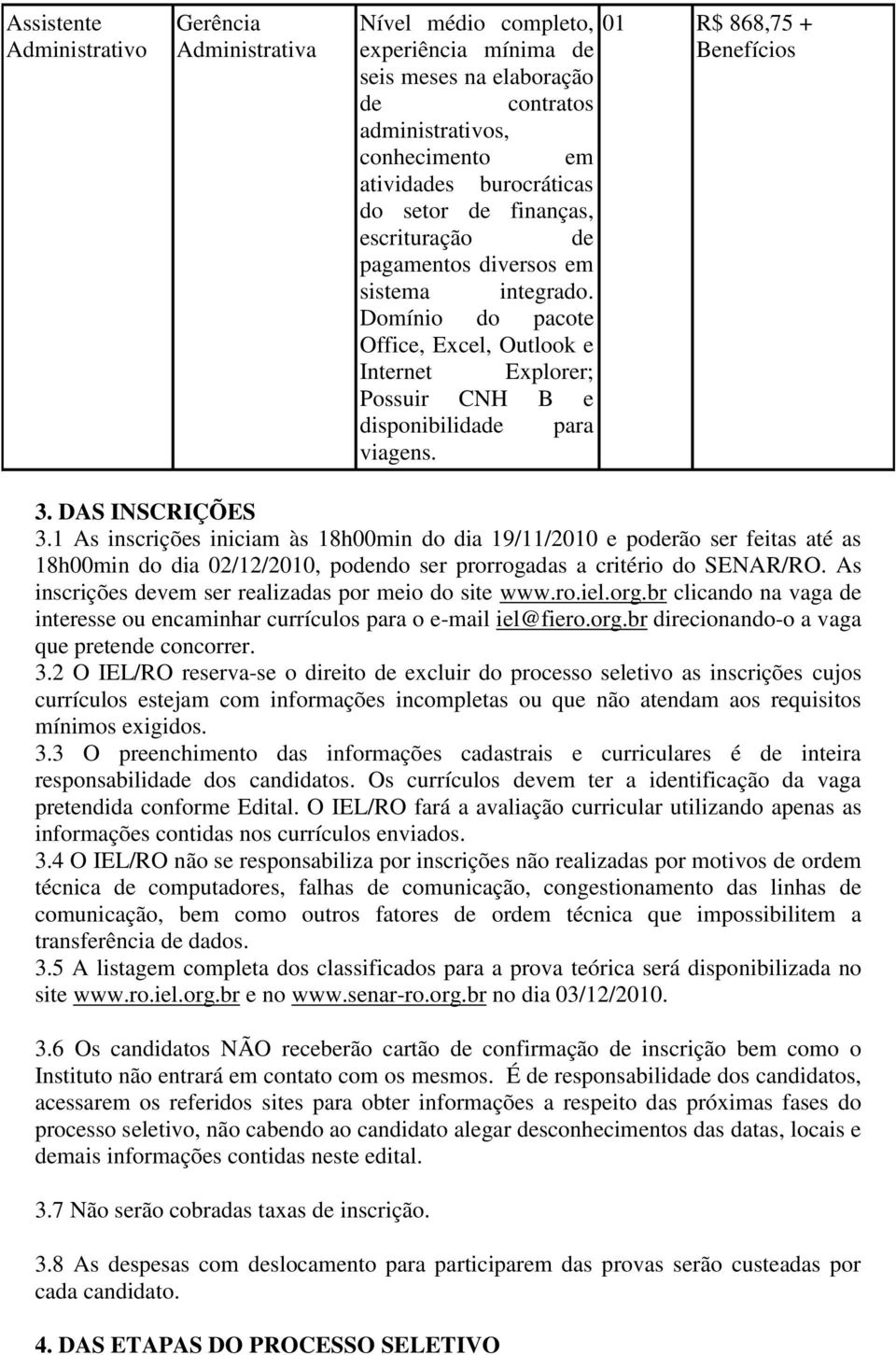 01 R$ 868,75 + Benefícios 3. DAS INSCRIÇÕES 3.