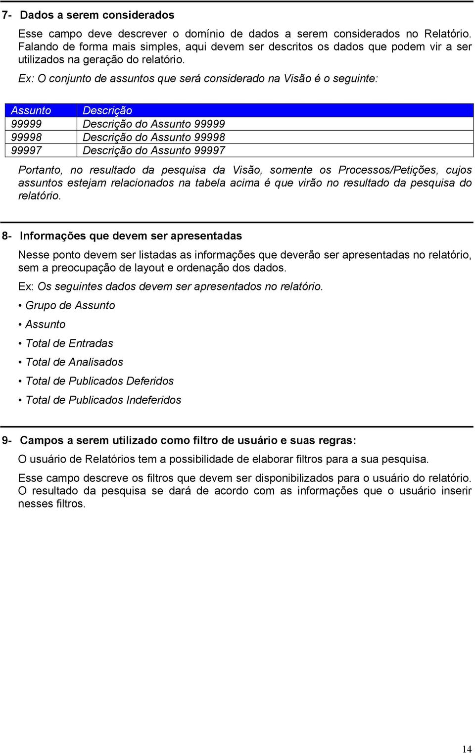 Ex: O conjunto de assuntos que será considerado na Visão é o seguinte: Assunto Descrição 99999 Descrição do Assunto 99999 99998 Descrição do Assunto 99998 99997 Descrição do Assunto 99997 Portanto,