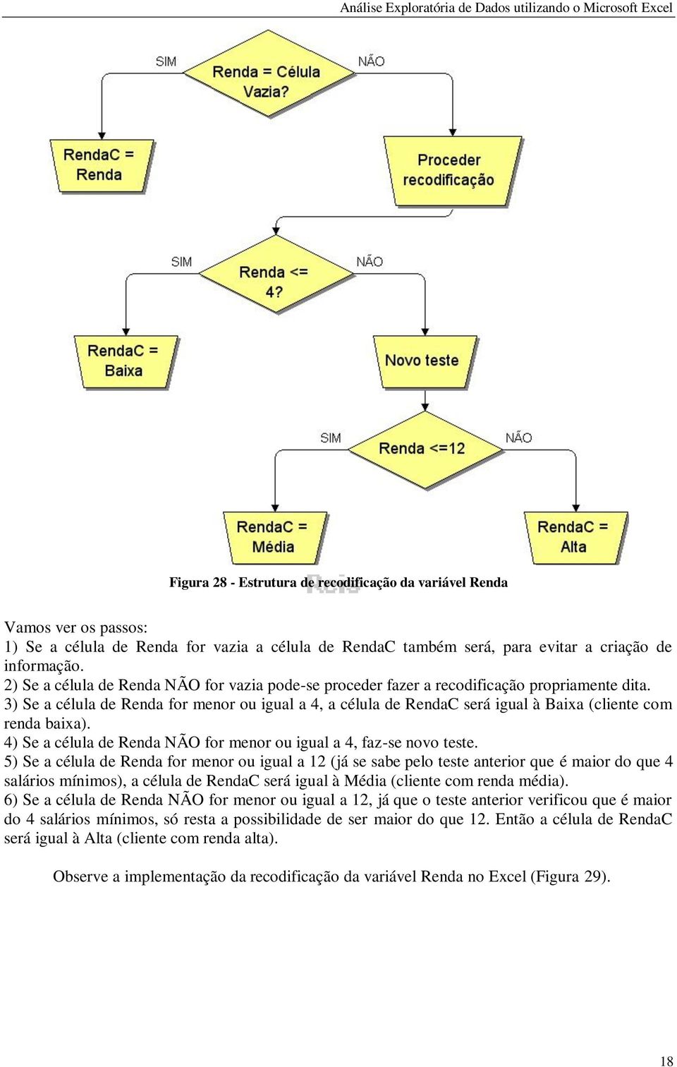 3) Se a célula de Renda for menor ou igual a 4, a célula de RendaC será igual à Baixa (cliente com renda baixa). 4) Se a célula de Renda NÃO for menor ou igual a 4, faz-se novo teste.