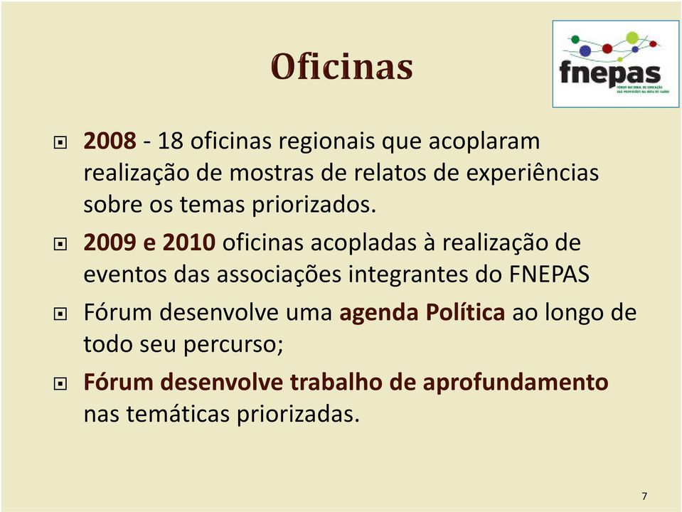 2009 e 2010 oficinas acopladas à realização de eventos das associações integrantes do
